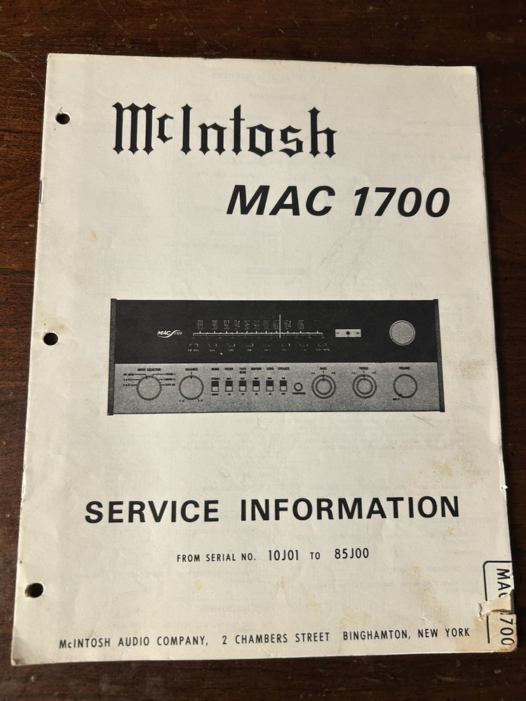 McIntosh MAC1700 Stereo Receiver Service Information 10J01-85J00 Vintage OEM