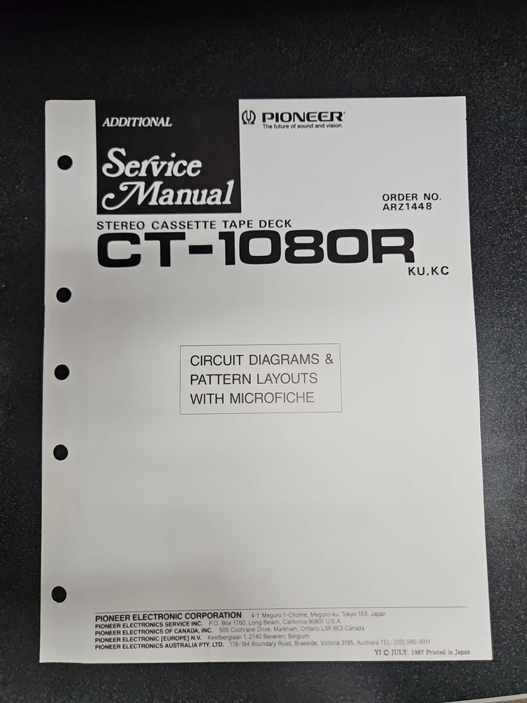 Pioneer CT-1080R Cassette Deck Circuit Diagram Service Manual w/Microfiche