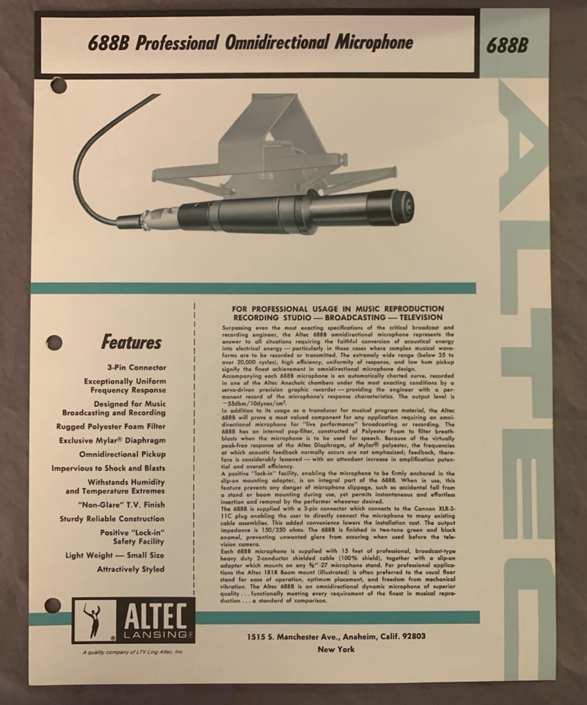 Vtg Original Altec 688B Professional Omnidirectional Microphone Spec Sheet (A3)