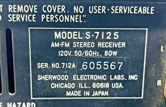 Sherwood S-7125 AM/FM Stereo Receiver 120V *Cut Power Cord* Power Tested
