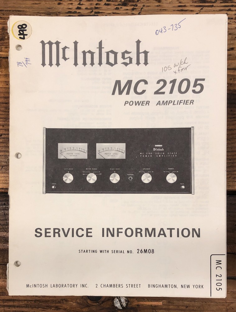 McIntosh MC2105 MC-2105 Amplifier Service Manual *Original* #2