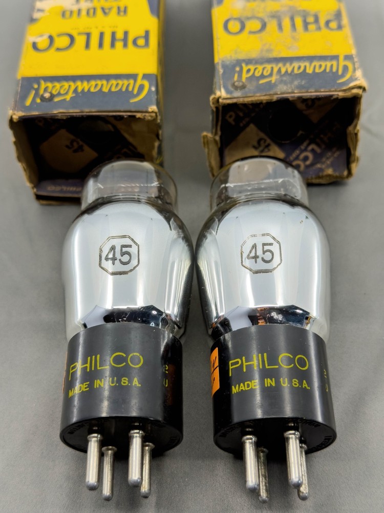 (2) Sylvania Philco Type 45 Tubes Black Plates Foil Getters 1936 Tests NOS
