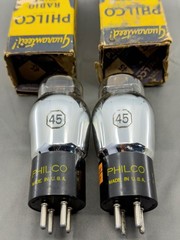 (2) Sylvania Philco Type 45 Tubes Black Plates Foil Getters 1936 Tests NOS