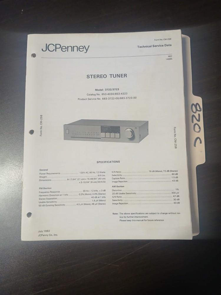 JC Penney 3722 3723 Service Manual Original Repair Book Stereo Tuner