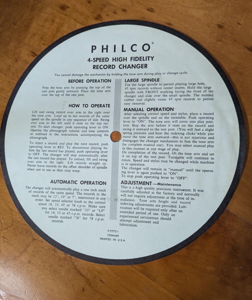 Vintage Philco 4-Speed High Fidelity Record Changer Instruction Manual P-7772-1