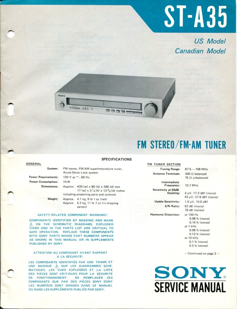Sony Model ST-A35 FM Stereo/ FM-AM Tuner Service Manual