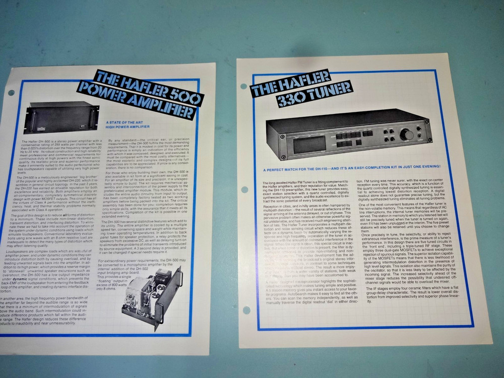 HAFLER ORIGINAL PRODUCT LEAFLET ADS RARE FIND! 2 SHEETS AS SHOWN LOT #3