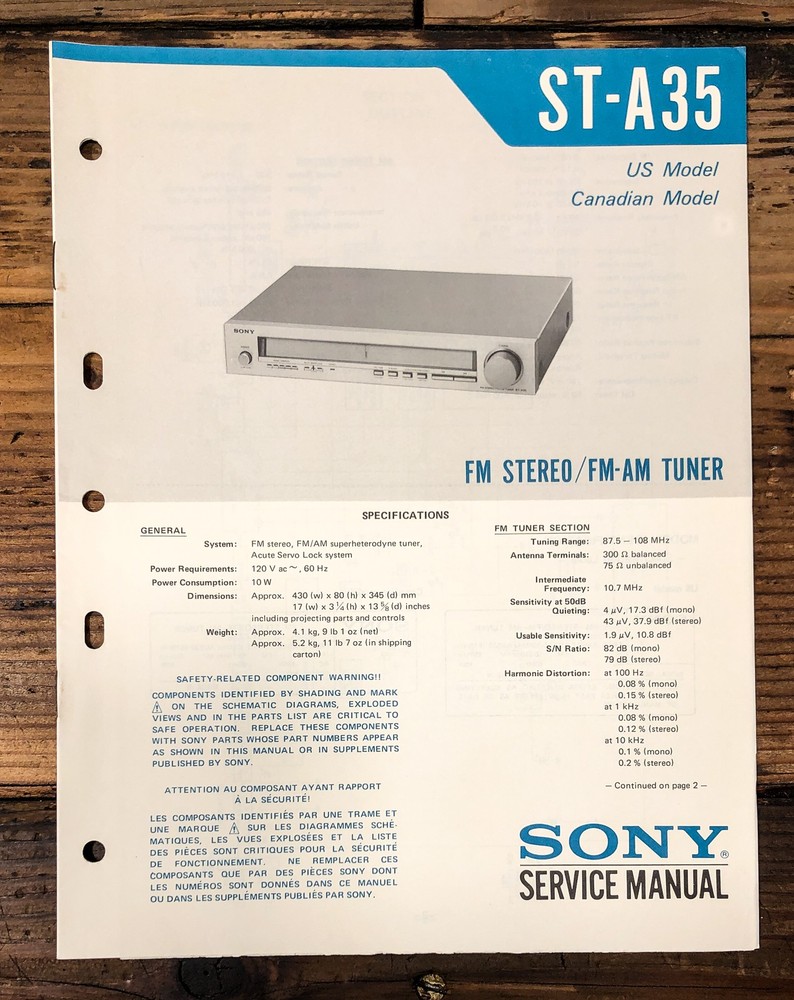 Sony ST-A35 Tuner Service Manual *Original*