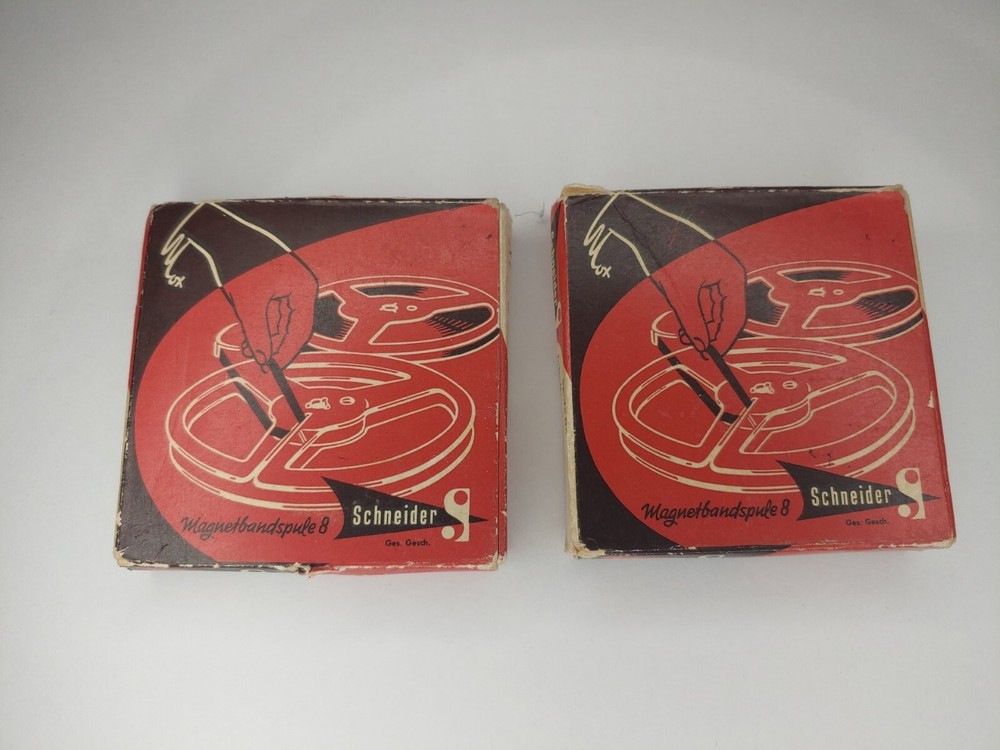 2 Schneider Magnet Band Spule 8 w/ Boxes GERMANY Vintage Radio Spool 3″