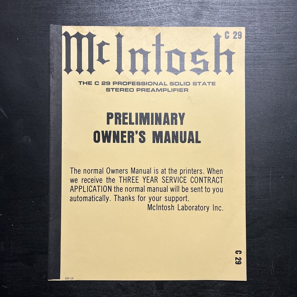 Vintage Original McIntosh C29 Manual, Preliminary- Very Rare, NEW