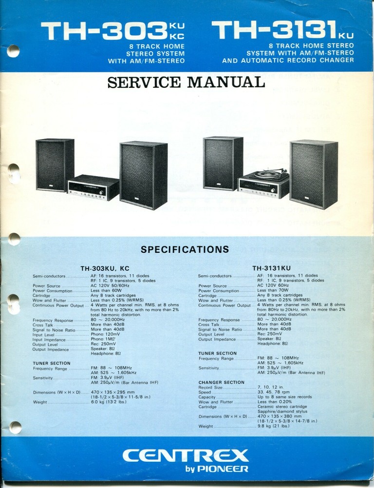 Vintage Pioneer Model TH-303/TH-3131 8-Track/AM-FM/Record Changer Service Manual