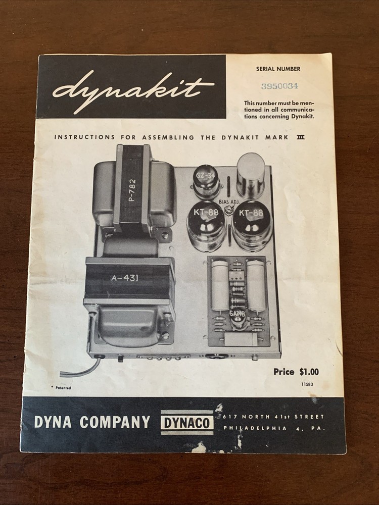 Dynakit MARK III ORIGINAL Instructions For Assembly + Diagram
