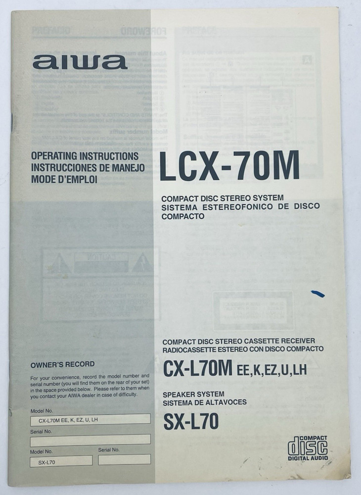 AIWA LCX-70M Owner’s Instruction Manual Operating Compact Disc Stereo