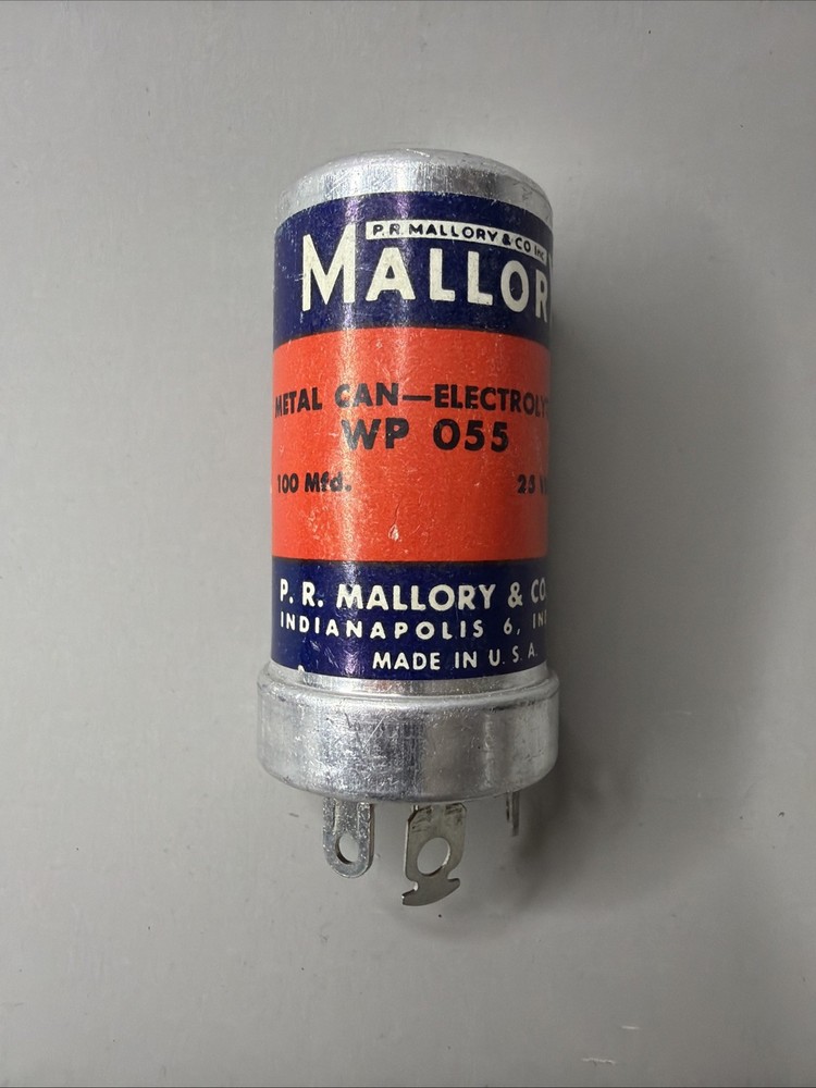 Vintage 1950s Mallory 100 uf 25 vdc Paper Label Can Capacitor WP 055 USA Made