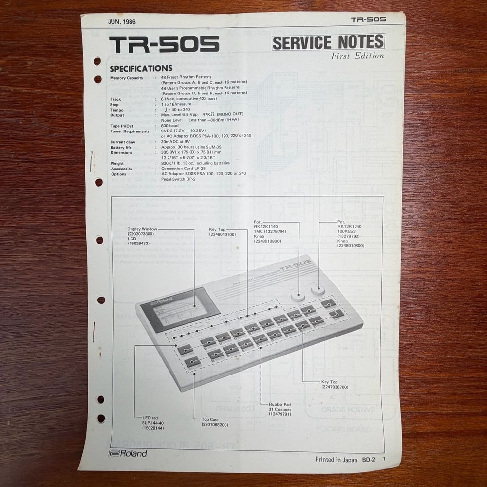 VINTAGE ROLAND TR-505 RHYTHM COMPOSER SERVICE NOTES FIRST EDITION
