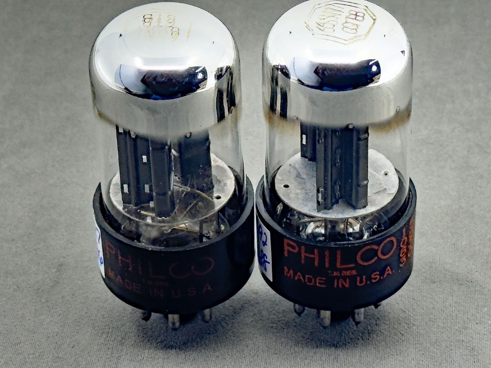 (2) Sylvania Philco 6SN7GTB Tubes Chrome Dome 3 Hole Black Plate Test Strong