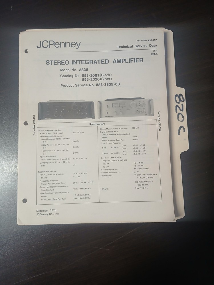 JC Penney 3835 Service Manual Original Repair Book Stereo Integrated Amplifier
