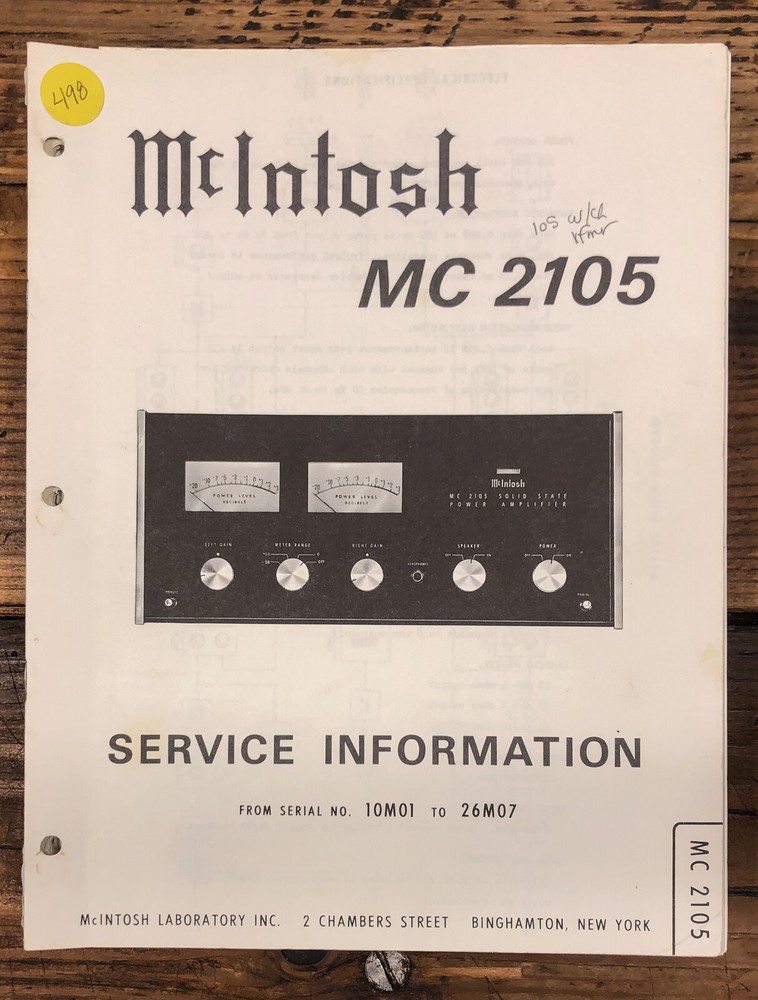 McIntosh MC2105 MC-2105 Amplifier Service Manual *Original* #1