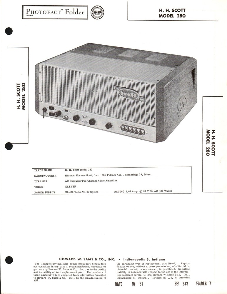 Sams Photofact HH Scott 280 Audio Amplifier Manual w/ Schematics (original)