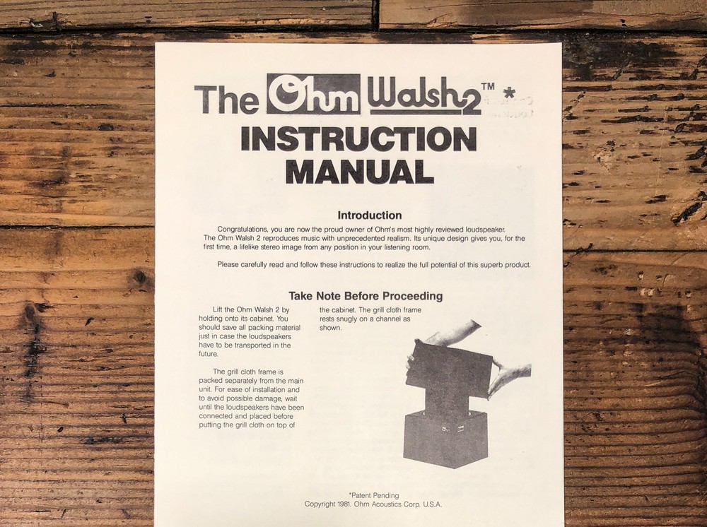 OHM Walsh 2 Speaker Owners / User Manual *Original*