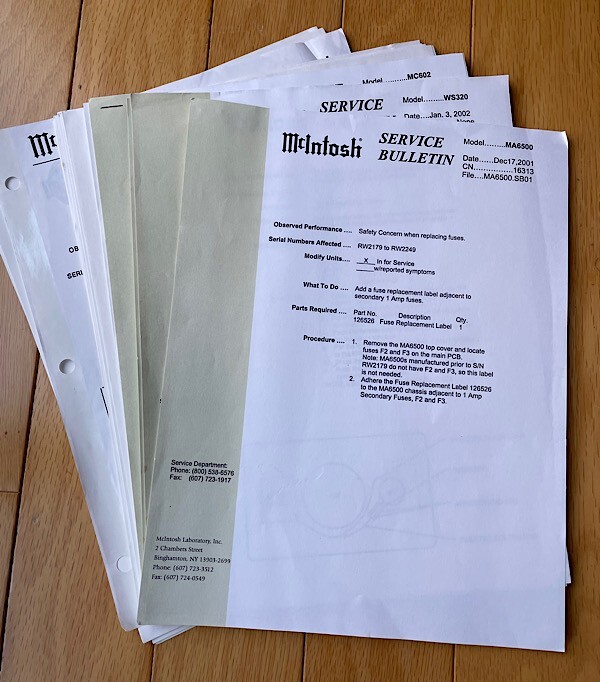 28 McIntosh service bulletins from early 2000’s incl MA6500 MC602 C2200 MCD205