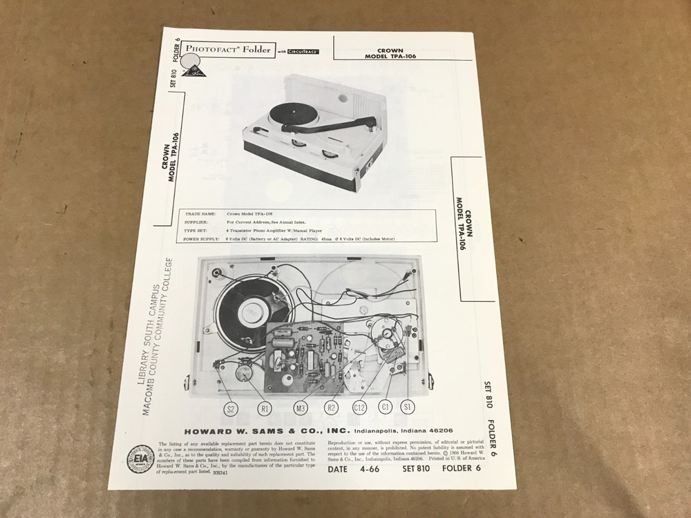 VTG Photofact Folder – 810-6 – Crown 4-Transistor Phono Amplifier Model TPA-106