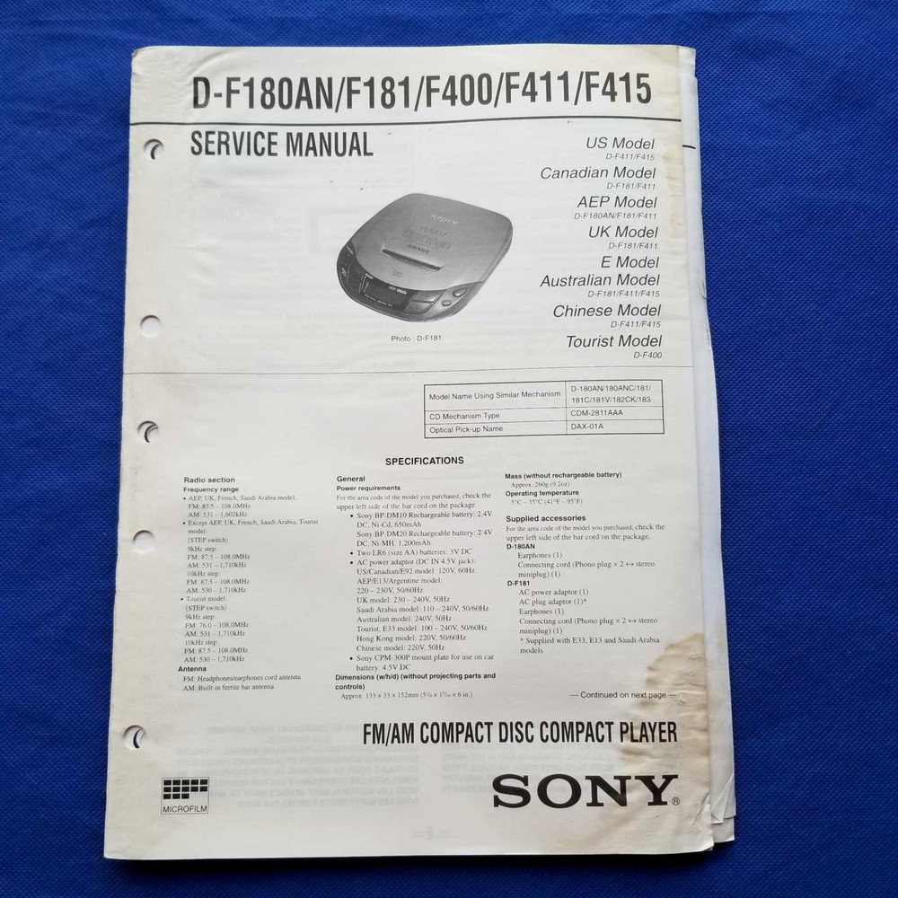 SONY D-F180AN D-F181 D-F400 D-F411 D-F415 Service Manual Original Paper OEM Repa