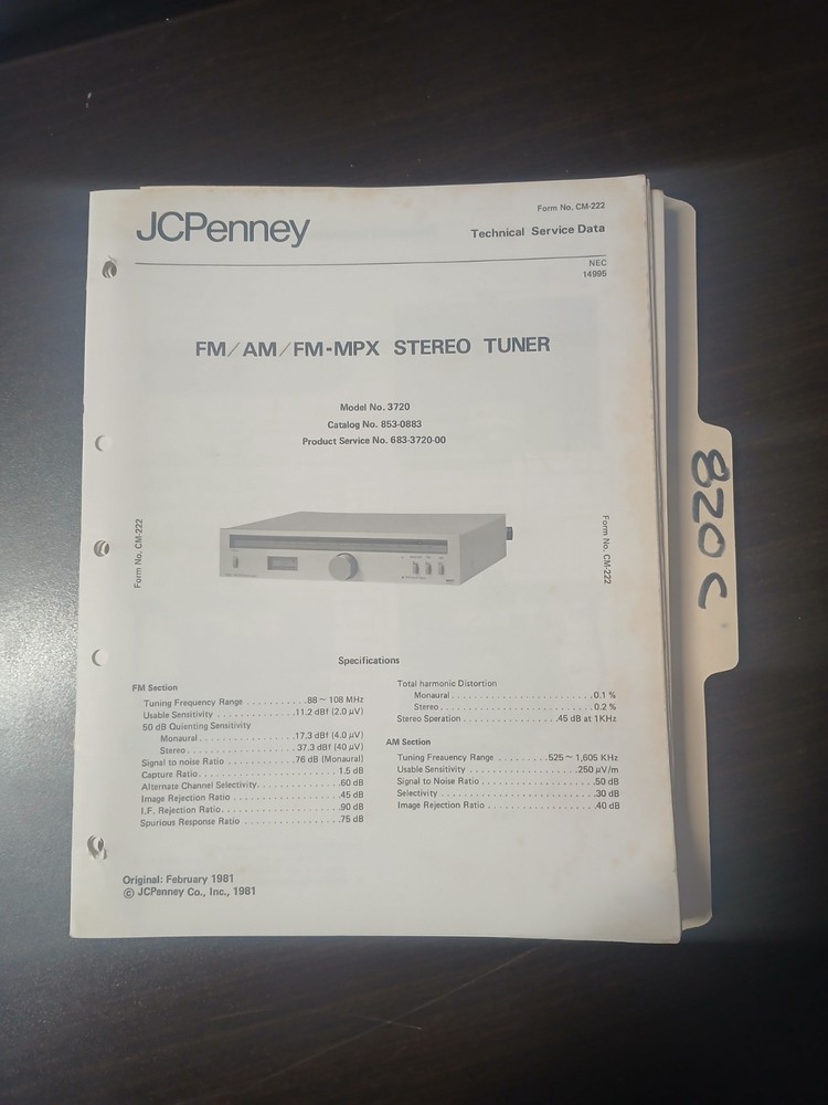 JC Penney 3720 Service Manual Original Repair Book FM AM FM MPX Stereo Tuner
