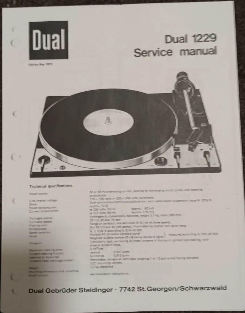 DUAL 1229 Turntable Service Manual Photocopy