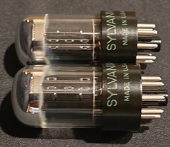 SYLVANIA 6SN7 GTB TUBE 1965 GREEN LABEL BLACK BASE CHROME TOP FOIL MATCHED SET