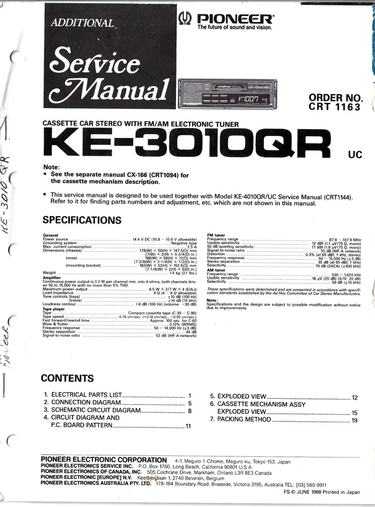 PIONEER KE-3010QR CASSETTE CAR STEREO W/ AM/FM ELECTRONIC TUNER SERVICE MANUAL