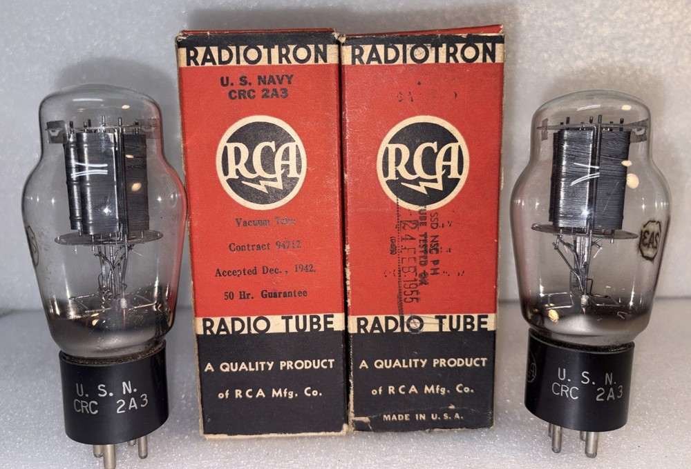 Matched Pair RCA USN CRC 2A3 Dual D Getter Tubes Amplitrex NOS Same Dates 1942