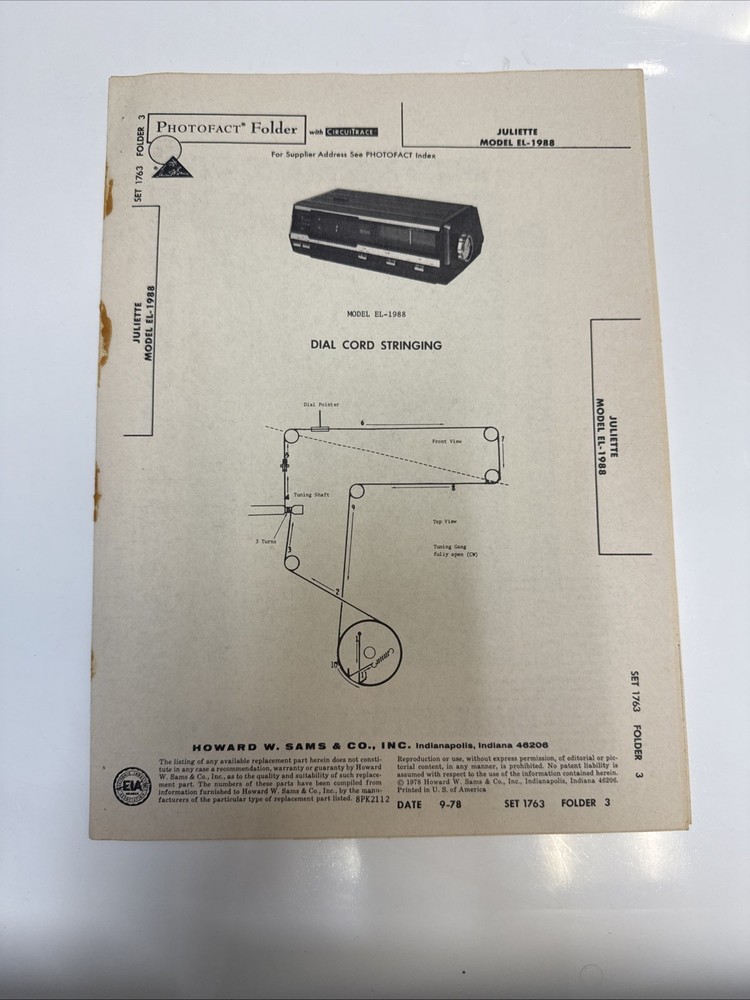 Vintage – Sam’s Photofact Folder – Julette Model EL – 1988 – Dial Cord Stringing