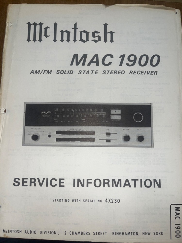 McIntosh MAC 1900 Service Manual Receiver Original 4X230