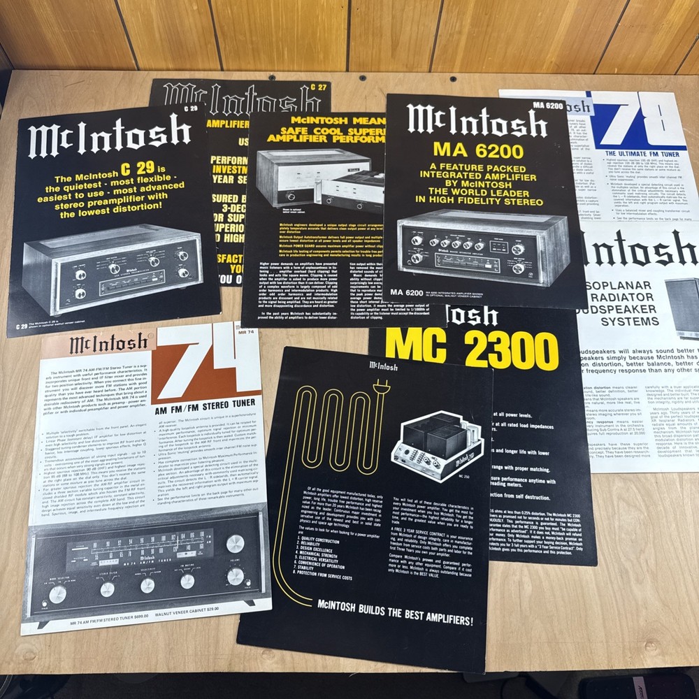 9 McIntosh Sales Brochures MC250 MC300 C29 MA6200 MR74 MC2300 C27 MR78