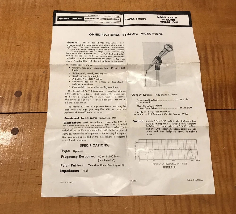 Shure 61-7719 Dynamic Microphone Data Sheet OMNIDIRECTIONAL VINTAGE ORIGINAL-OEM