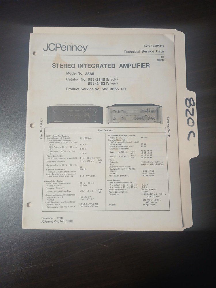 JC Penney 3865 Service Manual Original Repair Book Stereo Integrated Amplifier