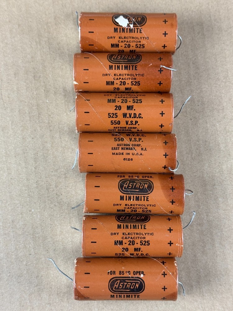 7 Vintage 1961 Astron 20 uf 525v Axial Paper Capacitors TESTED for Fender