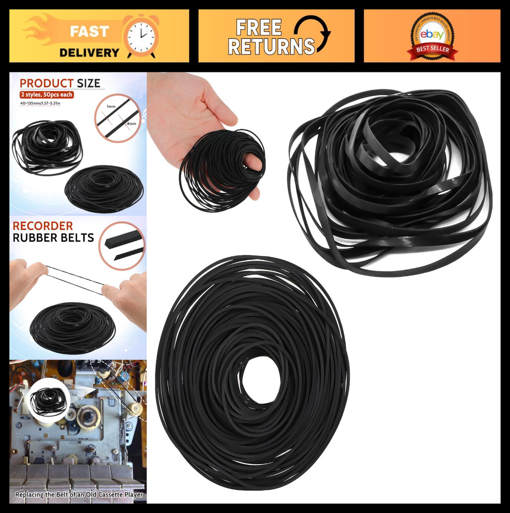 100 Pcs Flat Rubber Belts for Cassette Recorder Repair 40-135mm, 1mm & 4mm Width