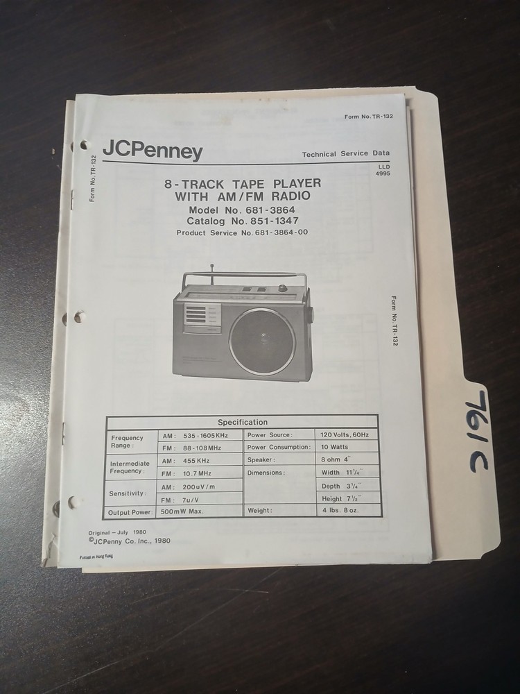 JC Penney 681 3864 Service Manual Original Repair Book 8 Track Player Radio