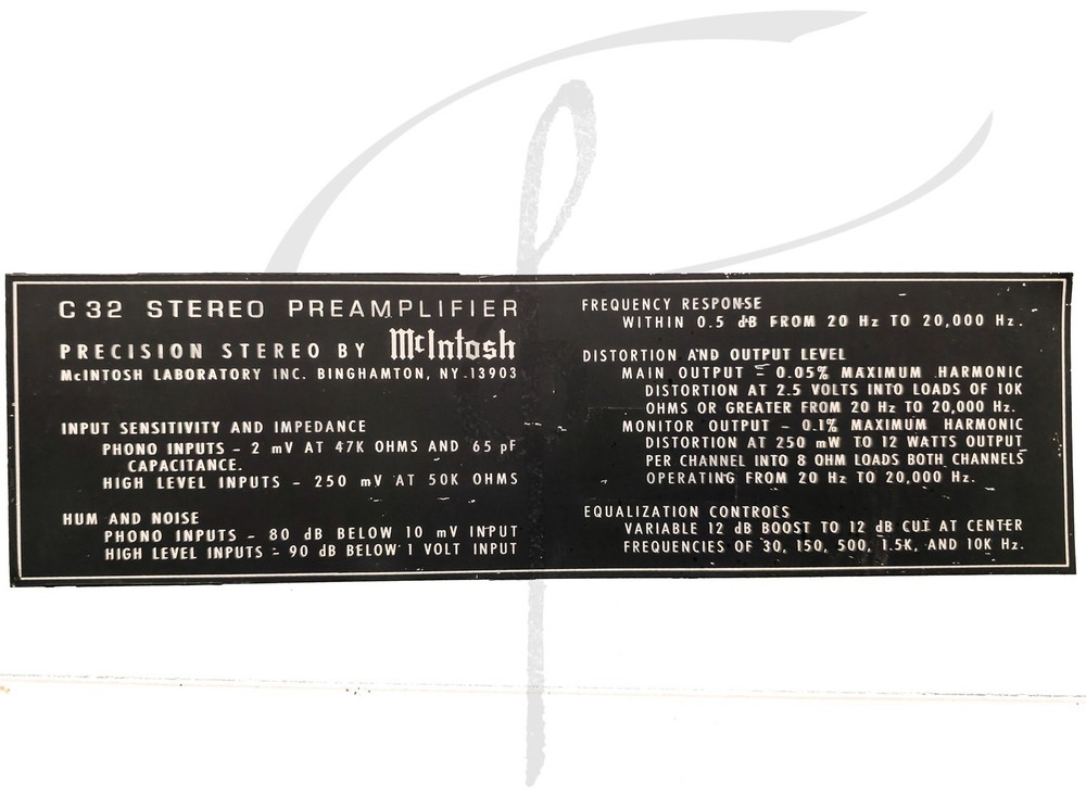 ORIGINAL McIntosh C32 STEREO PREAMPLIFIER INFORMATION DECAL PLATE STICKER TOP