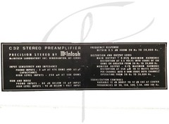 ORIGINAL McIntosh C32 STEREO PREAMPLIFIER INFORMATION DECAL PLATE STICKER TOP