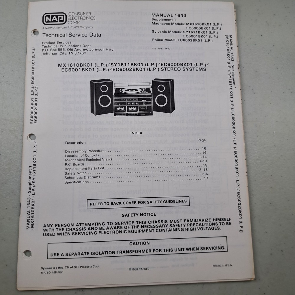 NAP Magnavox Sylvania Philco Stereo Systems Service Manual 1987