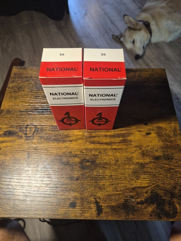 Matched Pair of 2 National Electronics Type 26 Vacuum Tubes- Box Filament Tested