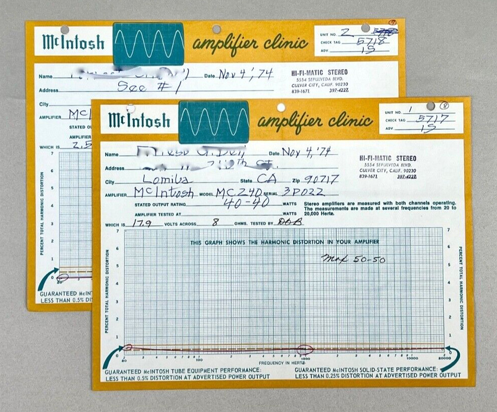 McIntosh Amplifier Clinic MC240 & C28 Performance Test Certificates – 1974