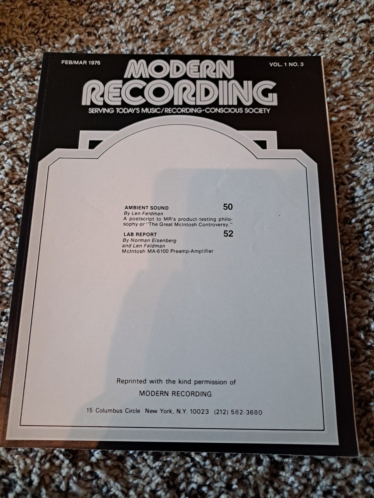 Original Vintage 1976 Modern Recording Vol 1 No 3 Mcintosh MA 6100 Report