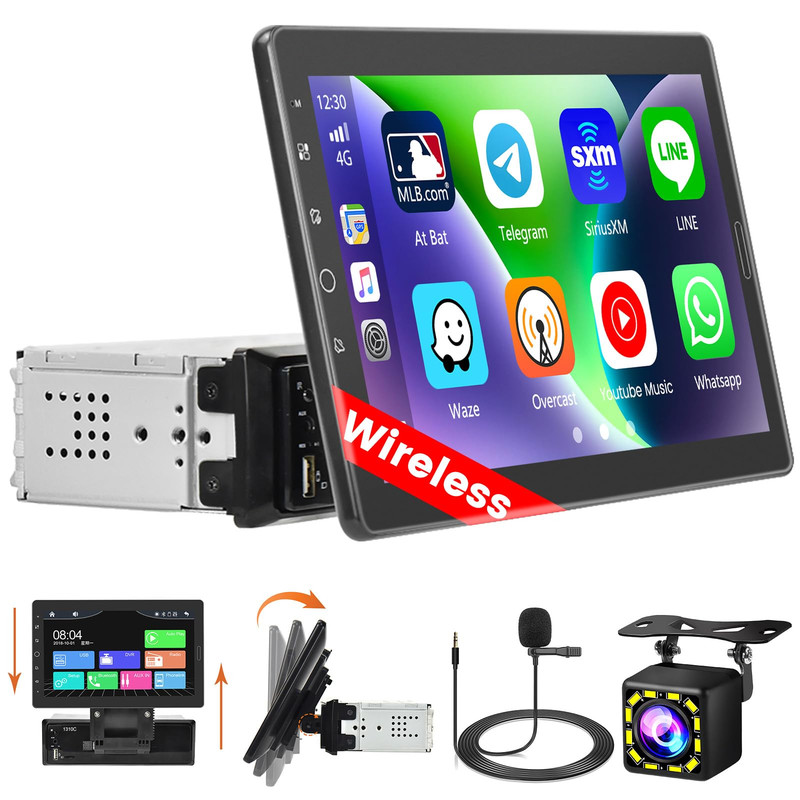 Hikity 10.1 Inch Single Din Car Stereo Carplay Android Auto Detachable Touch