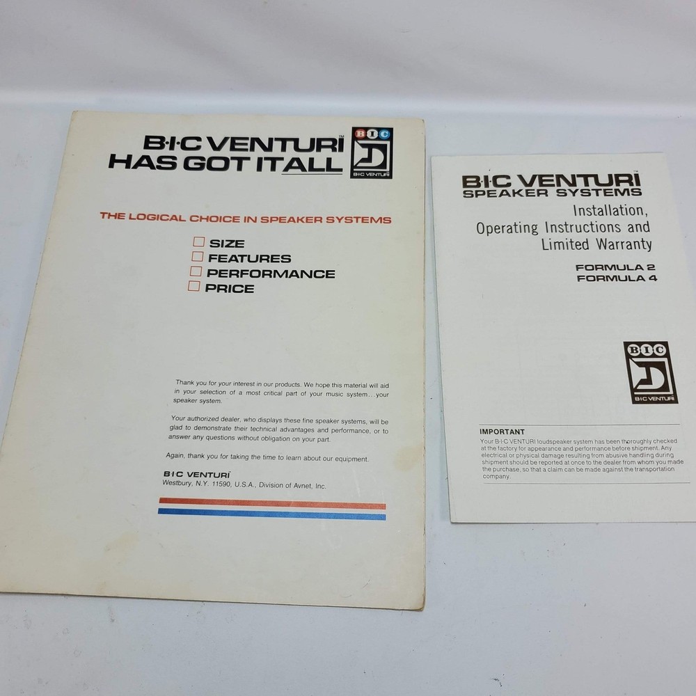 BIC Venturi Formula 2 4 Speaker Manual Brochure White Vintage 1977 Audio Tech