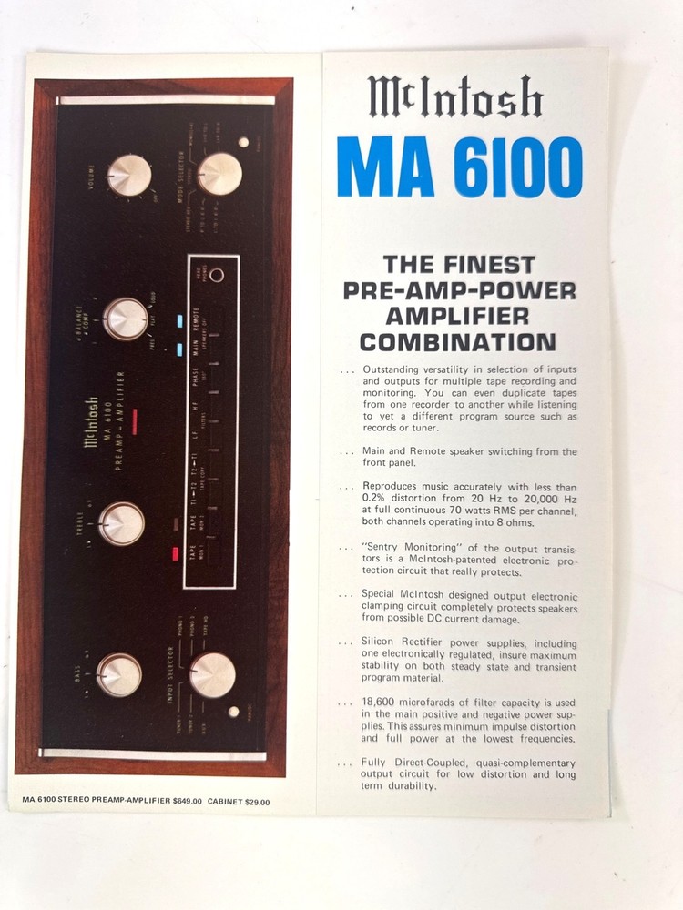 Vintage McIntosh MA 6100 Preamp Amplifier Color Sales Spec Booklet