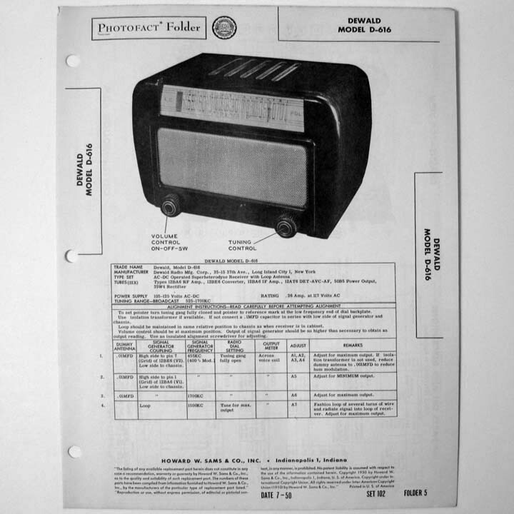 Dewald Model D-616 – SAMS Photofact ™ 1950 – New NOS